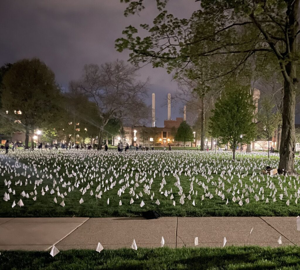 University of Notre Dame quad filled with 14,000 white flags.