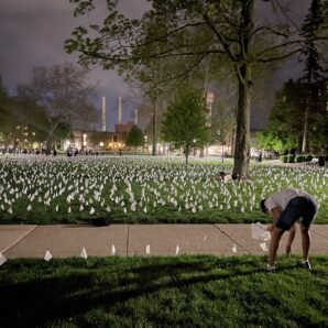 Photo of white flags on a Notre Dame quad in memory of Palestinian children killed since October 2023.