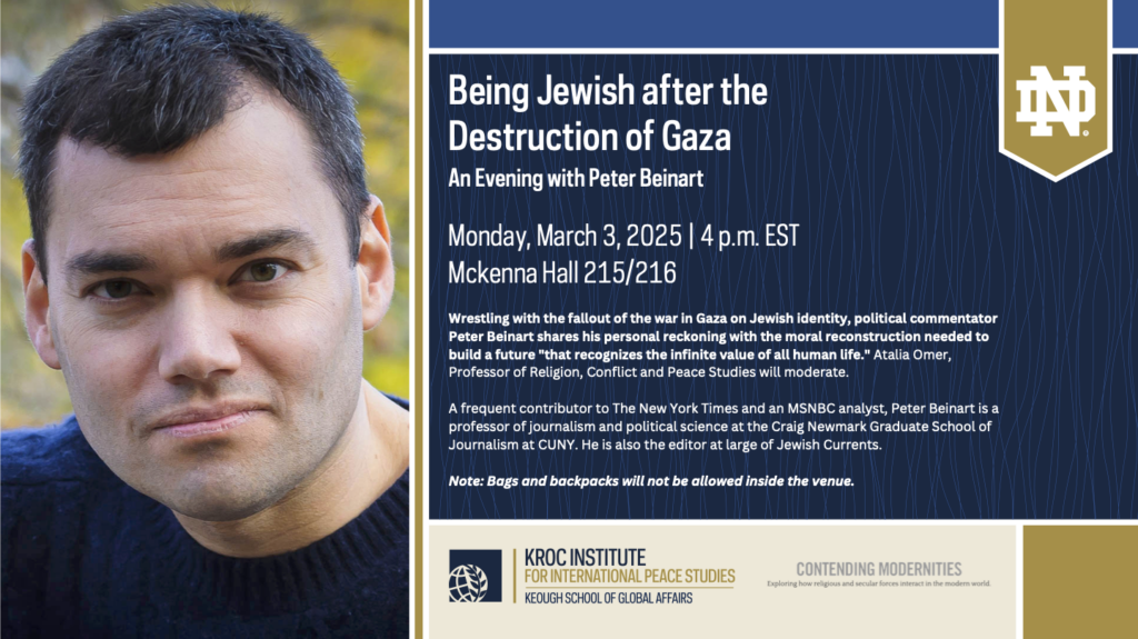 Flyer for event "Being Jewish after the Destruction of Gaza" with Peter Beinart on March 3, 2025.