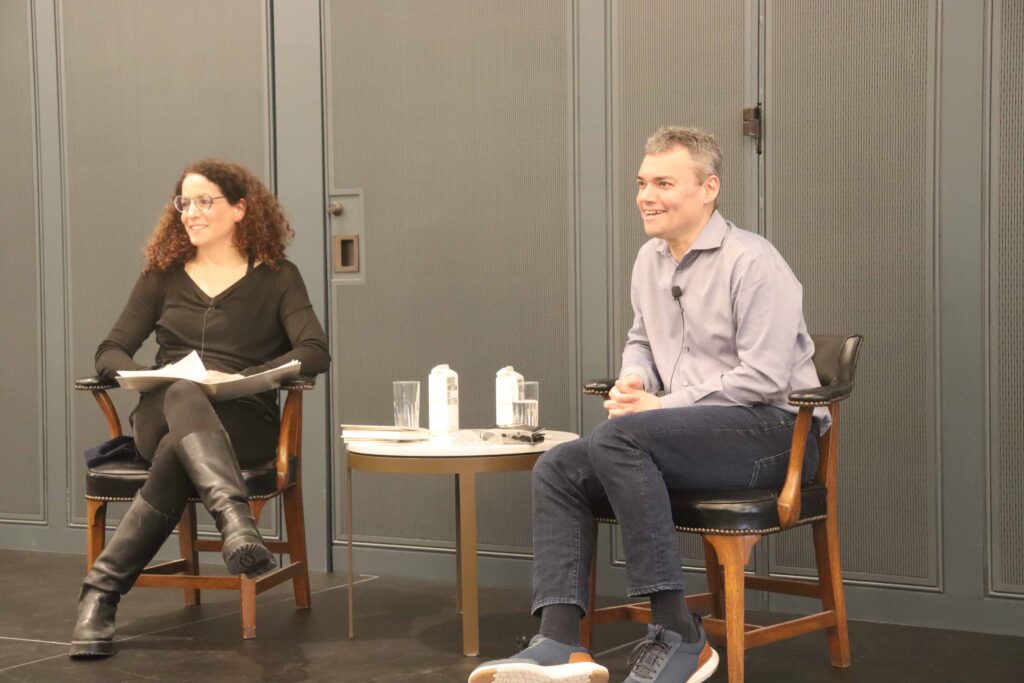 Professor Atalia Omer and guest lecturer Peter Beinart discussing Beinart's new book on March 3, 2025.